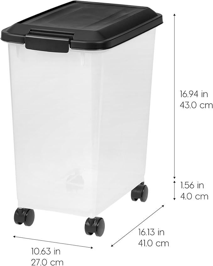 IRIS USA Dog Food Storage Container, 2 Pack, Up to 30 lbs Each, Airtight Seal for Freshness, Wheels for Rolling, Easy One Hand Opening, Made in USA, BPA Free, Clear/Black