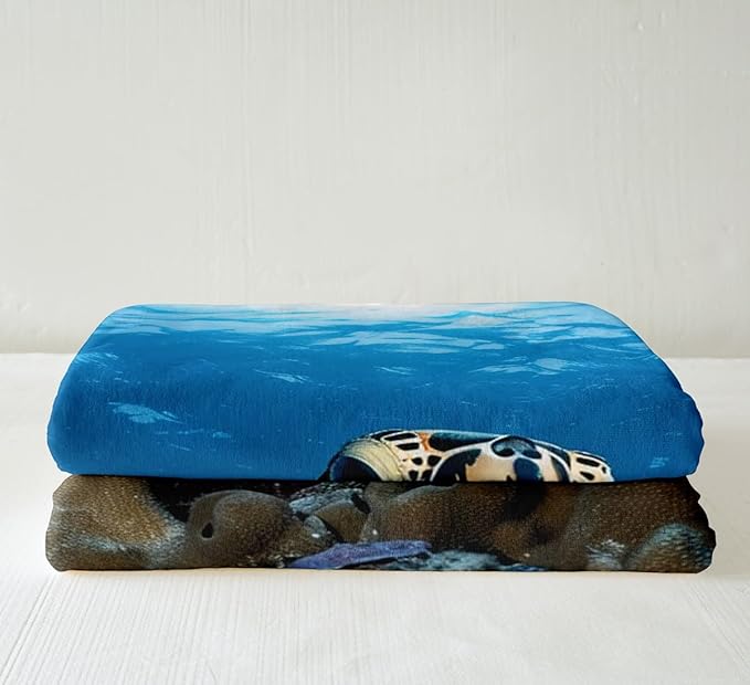 Sea Turtle Sherpa Blanket 3D Reptile Printed Fleece Throw Blanket for Sofa Couch Bed Ocean Marine Themed Plush Blanket Ultra Soft Decor Underwater Animal Pattern Fuzzy Blanket King 87x95 Inch
