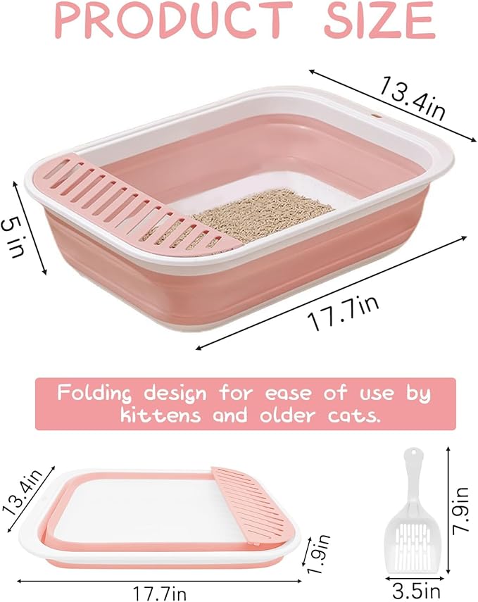 BNOSDM Foldable Small Cat Litter Box for Kittens Open Potty Pan Collapsible Cat Toilet with Scoop Senior Kitty Travel Shallow Litters Boxes Anti-Splash Waterproof for Small-Sized Cats Pink