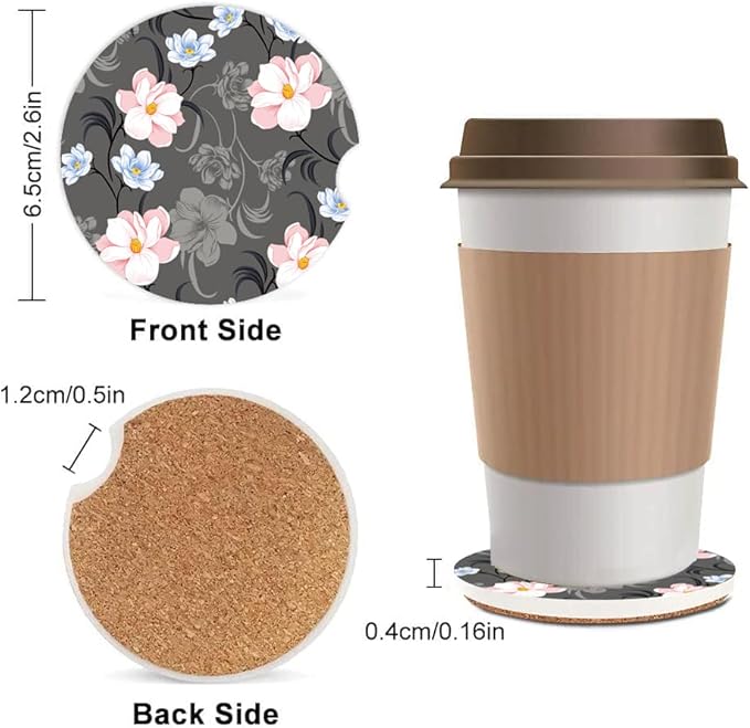 Absorbent Car Cupholder Coaster 2 Pack, Cute Car Coasters with a Finger Notch for Women & Men,2.56" Ceramic Stone & Non-Scratch Cork Base Drink Coasters, Cute Auto Accessories Gifts