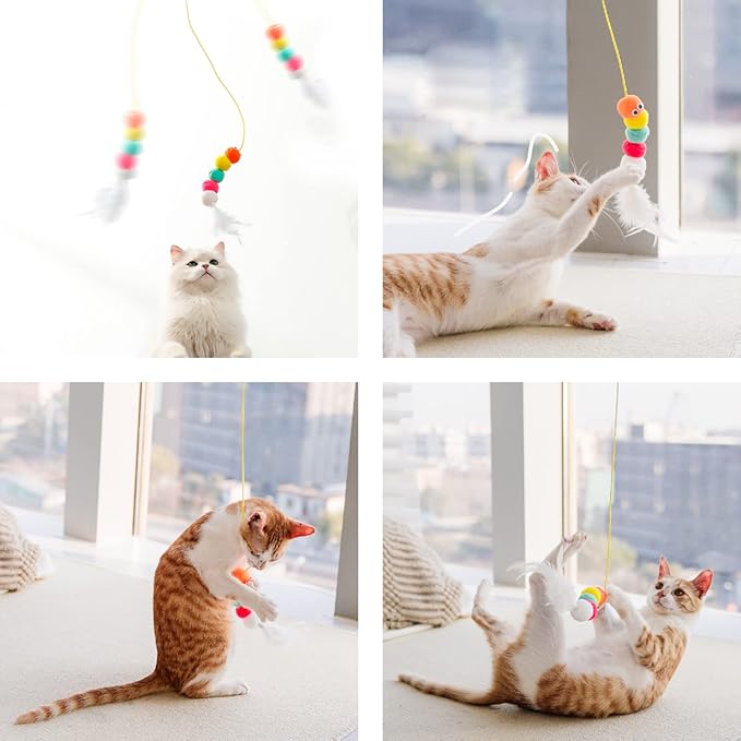 Feather Teaser Toys, Butterfly Worm Interactive Hanging String Cat Toy, Door Hanging Cat Pet Toy for Indoor Cats Kitty Play Chase Exercise - Feather / Dragonfly / Tassels worm 3 Pcs set (Feather Worm)