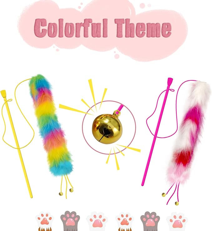 2 Pack Cat Wand Toy, Rainbow Cat Feather Toys with Bells, Cat Teaser Wand with Soft Furry Tail, Interactive Cat Toys for Indoor Cats & Kitten & Kitty
