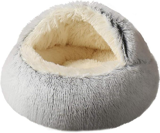La La Pet® Modern Pet Soft Plush Burrowing Cave Faux Fur Cuddler Round Cat Bed Self Warming Autumn Winter Indoor Snooze Sleeping Cozy Nest for Mini Medium Sized Dog Kitty Teddy Kennel (Gray, M)