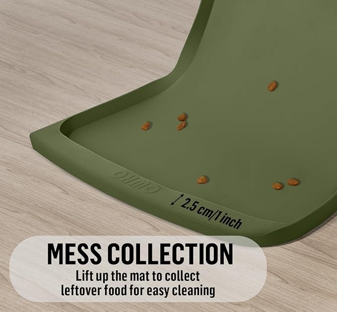 OHMO Dog Food Mat(Camo Green, 24 * 15'') w/Residue Collection Pocket Silicone Pet Feeding Mat for Floor High Edges Anti Spills Waterproof Cat Water Bowl Tray, Easy Clean Placemat