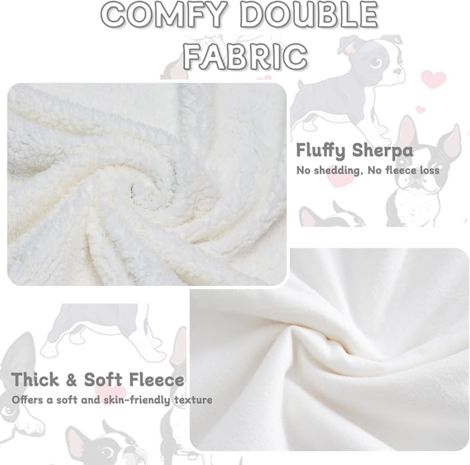 BlessLiving Boston Terrier & Frenchie Dog Plush Blanket - Red Heart Cute Puppy Dog Cozy Fleece Throw for Kids, Girls & Women - White - 50 x 60 Inch