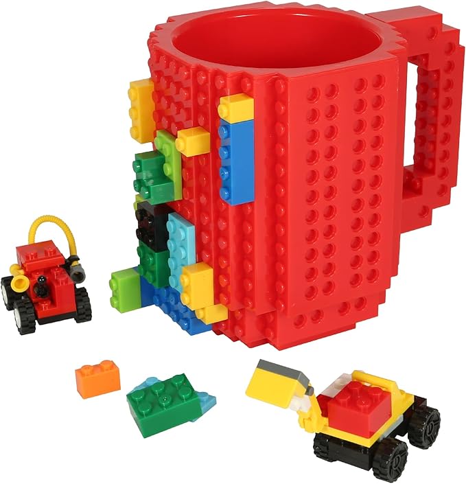 Build-on Brick Coffee Mug, Funny DIY Novelty Cup with Building Blocks Creative for Kids Men Women Xmas Birthday (Red)