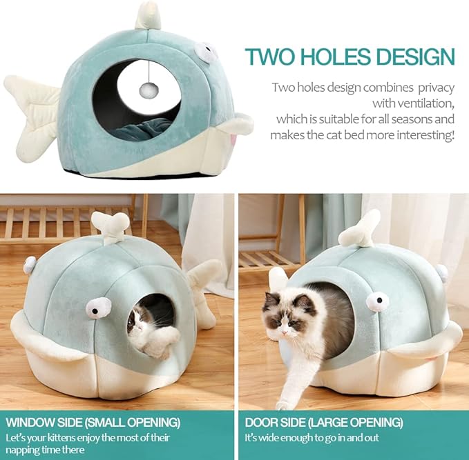 Lcybem Cat Beds for Indoor Cats - Cat Bed Cave with Removable Washable Cushioned Pillow, Calming Cozy Soft Cat Cave, Cute Friendly Dolphin Cat Houses for Indoor Cats No Deformation Pet Bed, M