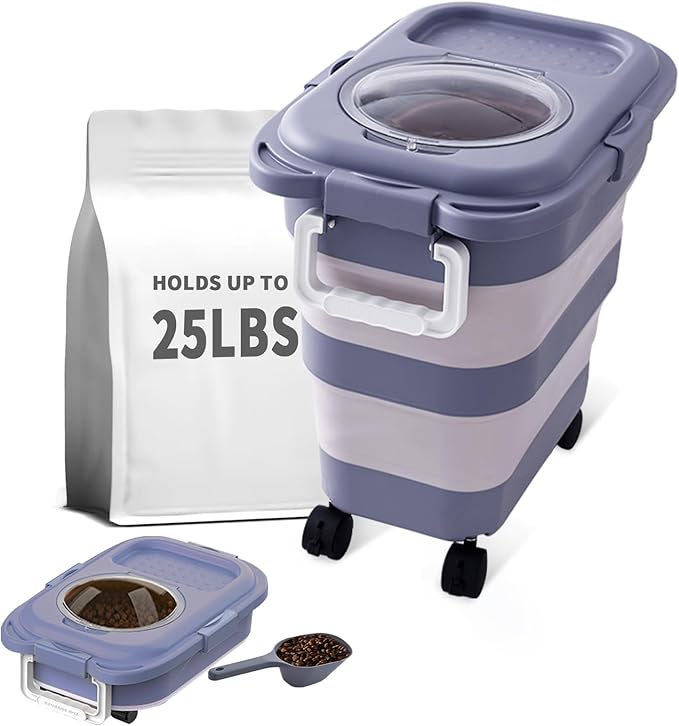 25 Lbs Dog Food Storage Container, Collapsible Dog Food Container with Scoop for Pet/Dog/Cat/Bird Food,Keep Dry Food Fresh,Easy to Move (Blue)