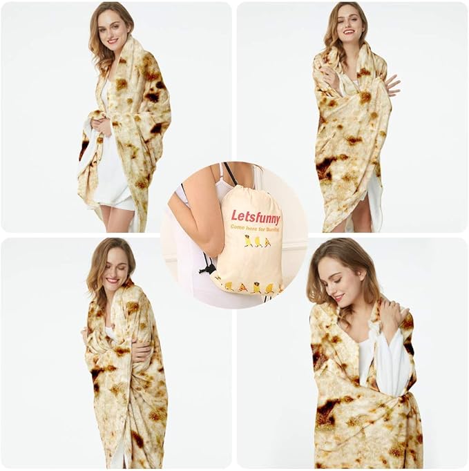 Burrito Tortilla Throw Blanket, 2.0 Double Sided Burritos Taco Tortilla Wrap Blankets for Adults Kids, Giant Funny Realistic Food Blankets, Soft Flannel Round Throw Blanket 71in