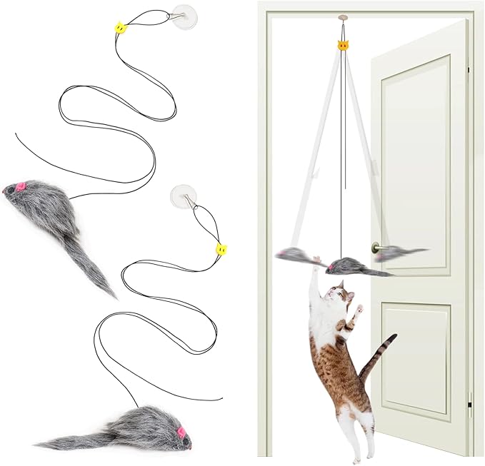 2PCS Hanging Cat Toy, Cat Interactive Toys for Indoor Cats, Home Alone Self Play Cat Toys, Cat Door Toy with Adhesive Hooks, Cat Training Stimulation Kitten Toys, Mouse Indoor Cat Toys Pack