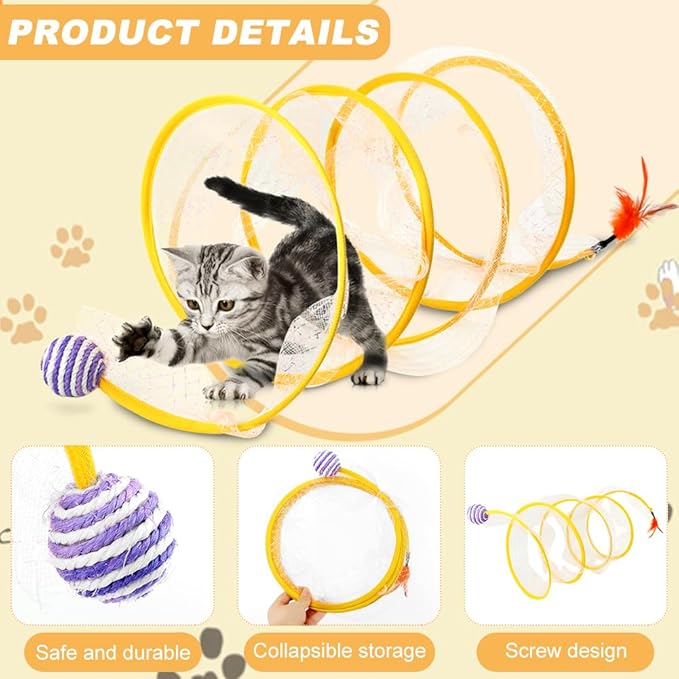 2Pcs Self Play Cat Hunting Spiral Tunnel Toy, Folded Cat Tunnel Toy Spiral Cat Toy, Cat Spring Toy Spiral Cat Toys, Indoor Cat Activity Structure with Feather(Yellow,Size:19.7inch)