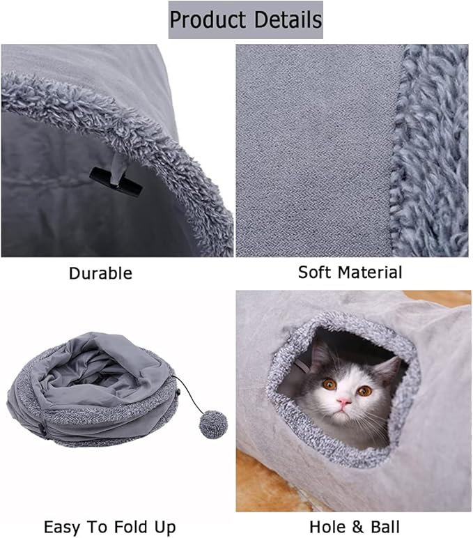 Collapsible Cat Tunnel, Durable Suede Pet Toys Play Tunnel with Ball and Hole, for Cats, Rabbits, Kittens, Puppy and Small Pets (Grey 51x12inch)