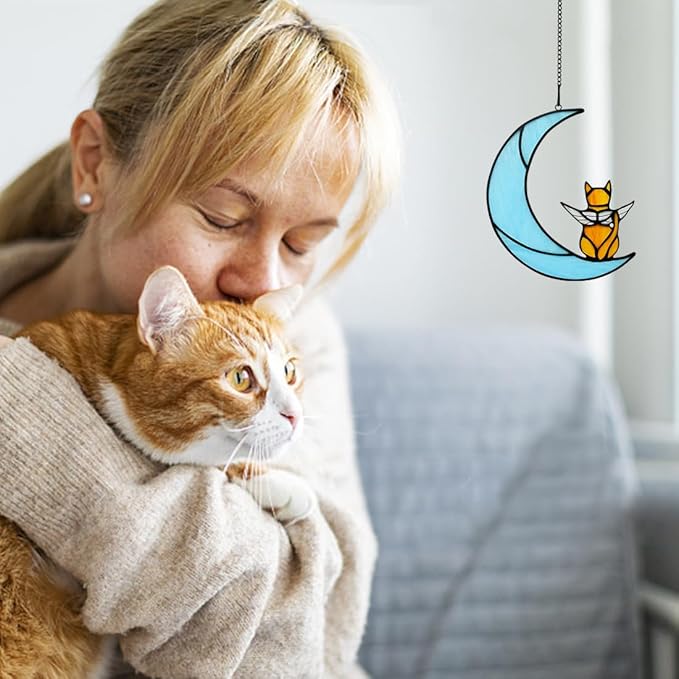BOXCASA Angel Cat on Moon Memorial Gifts,Orange Cat Stained Glass Window Hangings,Rainbow Bridge Pet Memorial Gifts for Women,Loss of Pet Sympathy Gift for Women Mom