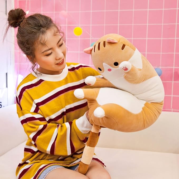 Long Yellow Cat Plush Pillow Toy Sleeping Pillow Cute Cartoon Cat Stuffed Animals Soft Long Body Pillow Gift for Kids (19.68in)