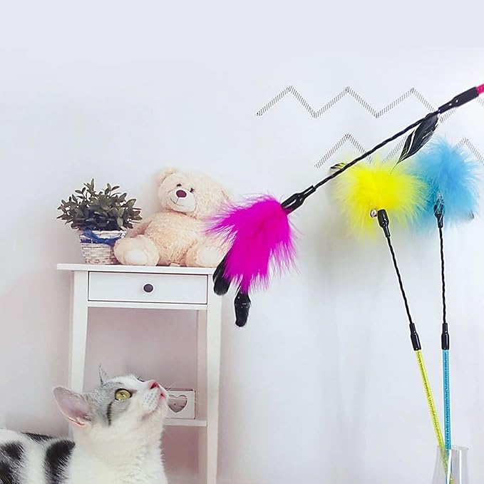 IUHKBH Cat Feather Wands, 3 Colors Interactive Cat Toys Cat Teaser Wands with Soft Turkey Feather and Bell for Cats and Kitties