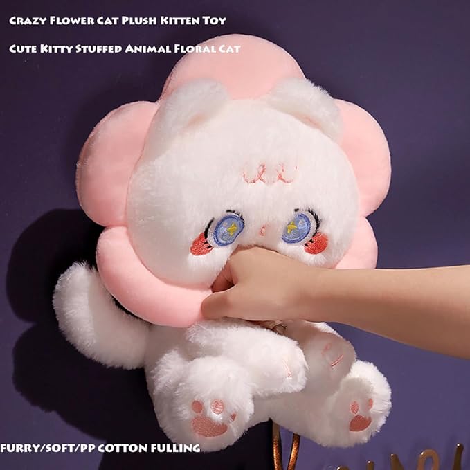 ELAINREN Lovely Flower Cat Plush Toy Crazy Pink Kittten Stuffed Pillow Ultra-Soft Floral Kitty Plushies Doll Gifts/11.8''