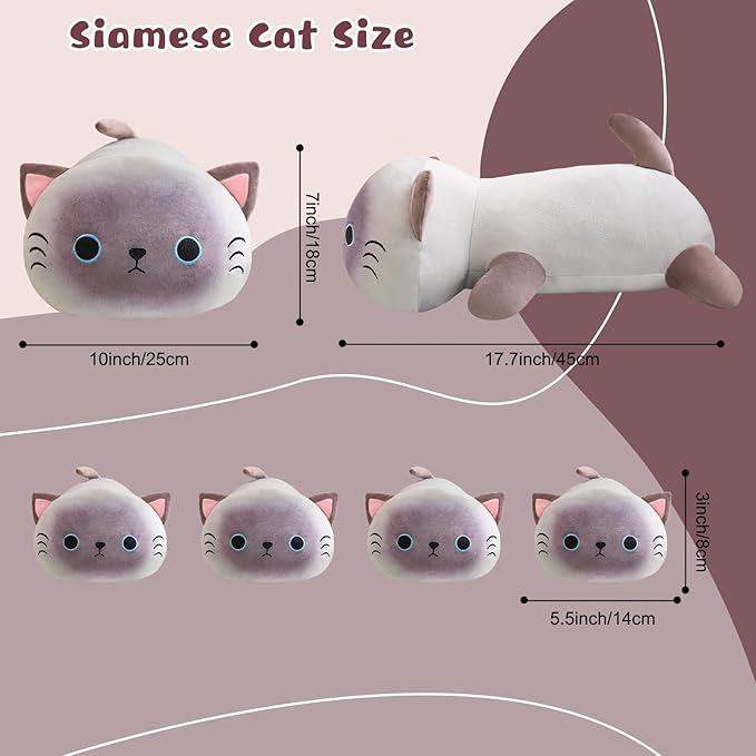 Siamese Cat Plush Cute Siamese Cat Stuffed Animal Pillow with 4 Baby Plushies in Her Tummy, Soft Cotton Stuffed Animals Toy Gifts for Kids
