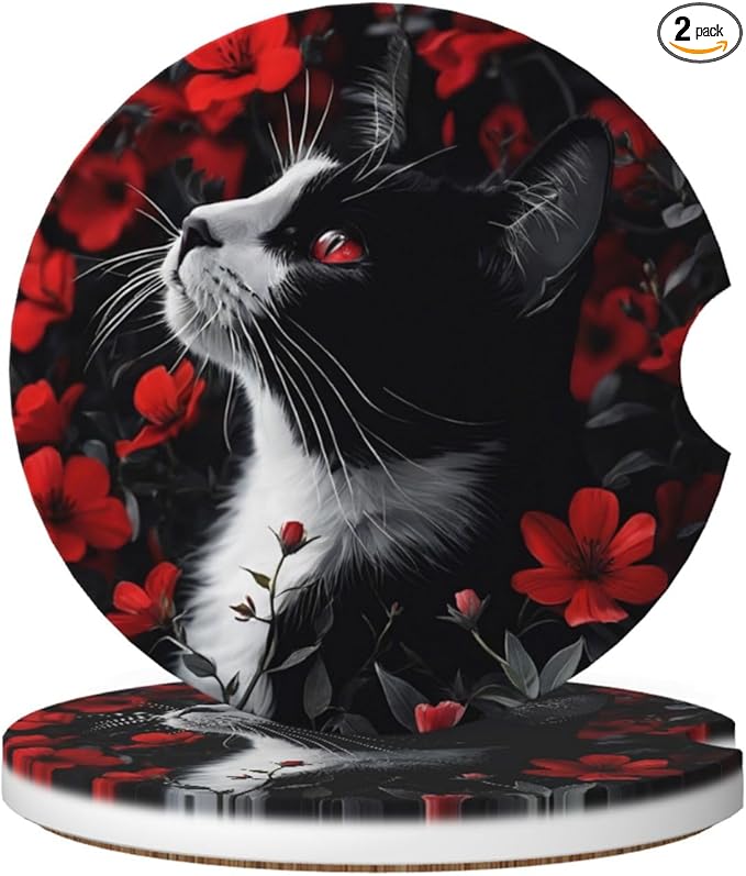 Absorbent Ceramic Car Coasters for Cup Holders, Black Cat Red Flower Design 2.56" Anti Slip Universal Drink Cup Coasters for Women Men (2 Pack)