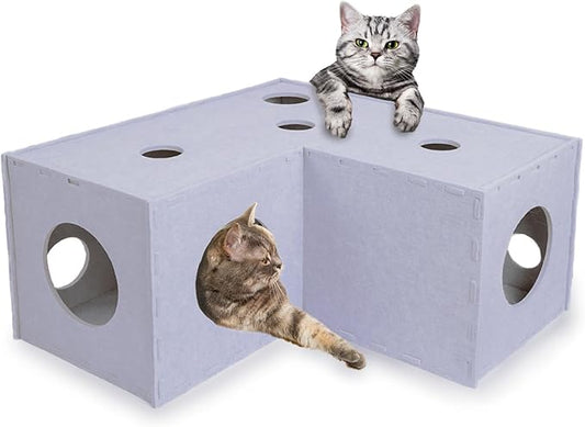 Meeyoview Cat Tunnel, Felt Cat Tunnels for Indoor Cats, Peekaboo Cat Hideaway Cave, L-Shape Cat Tunnel Bed, Interactive Cat Cube Toys for Small Medium Large Cats