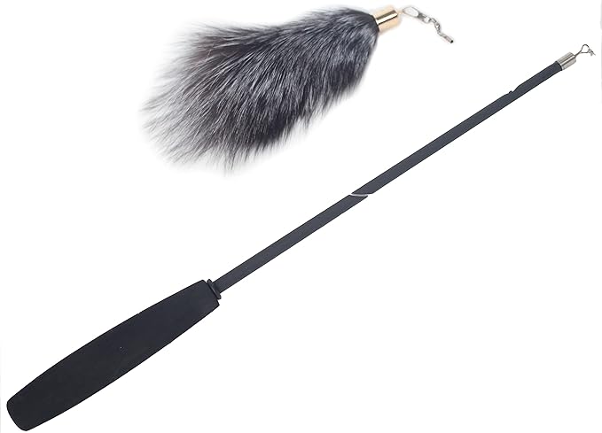 Fosrion Real Raccoon Tail Fur Cat Bites Toy with Three Section Retractable Carbon Fiber Rod (Fox Fur Piece, Tail & Fishing Rod)