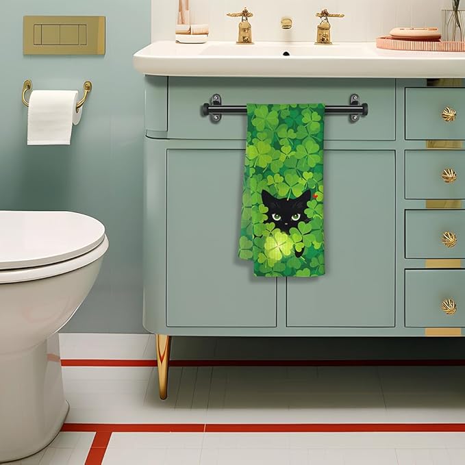 Lucky Clover Cat Green Kitchen Towels-Fun Irish Themed Dish Towels with Hidden Black Cat & Glowing 4-Leaf Design, Decorative Hand Towels for Kitchen Decor or Bathroom Accessories