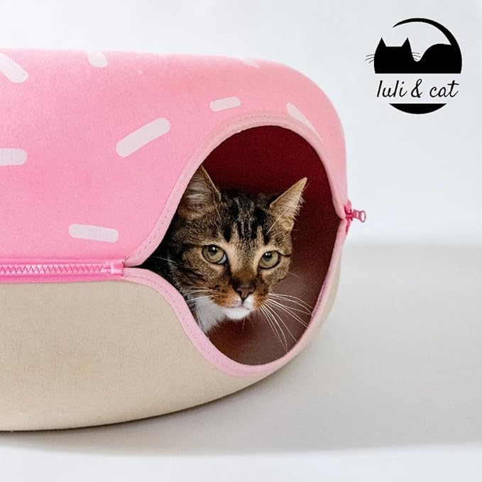 Luli & Cat Sprinkled Donut Cat Tunnel Bed - Large Cat Tunnel Hideaway Caves for Indoor Cats