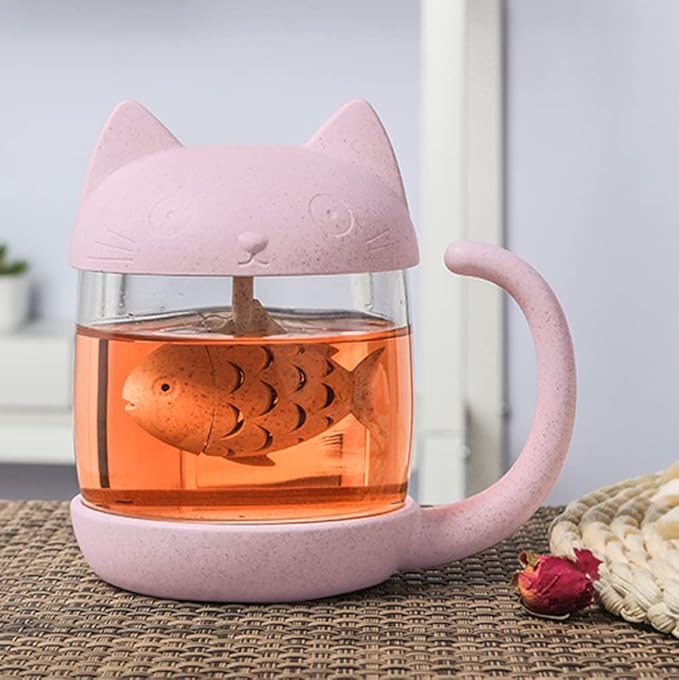 BigNoseDeer Cat Tea Cup Cute Mug Glass Pot with Fish Infuser for Loose Leaf Tea (Pink 8oz)