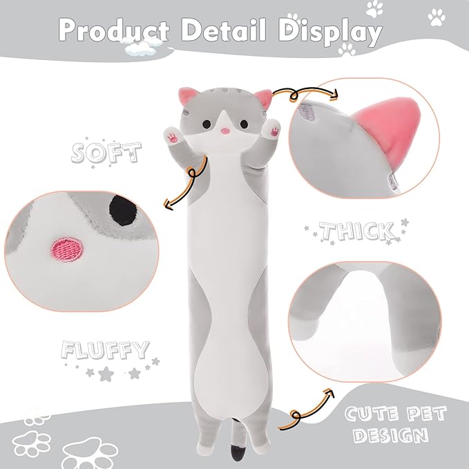 Long Cat Plush Pillow, 43.3in Cute Cat Plushie Stuffed Animals Body Pillow, Grey Kawaii Kitten Soft Plushie Doll Toy Birthday Gift for Kids Girlfriend
