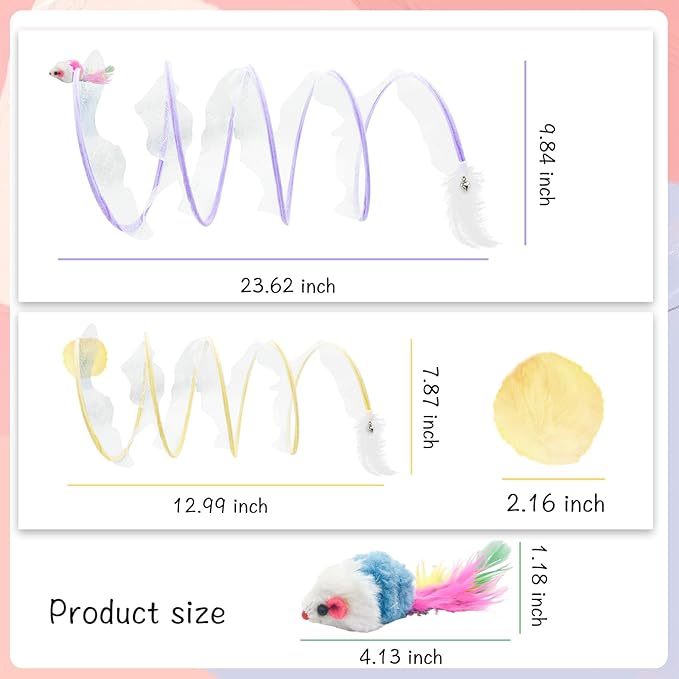 Andiker Folded Cat Tunnel Spring Toy, 10inch Spiral Cat Tunnels Toy with White Feather&Plush Mice&Bell 3 in 1 Folded Cat Tubes Interactive Cat Toys for Indoor Cats to Exercise, Relax (Yellow, S)