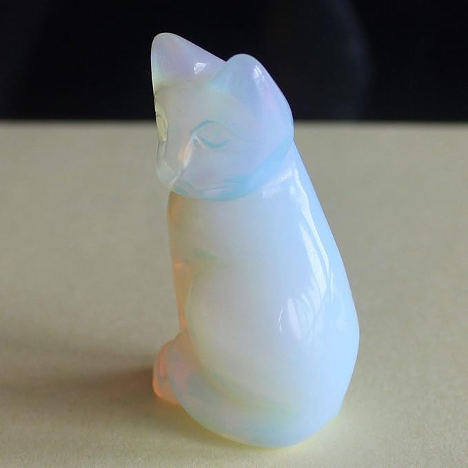 2'' Hand Carved Mixed Gemstone Crystal cat Figurine Animal Carving (White opalite)
