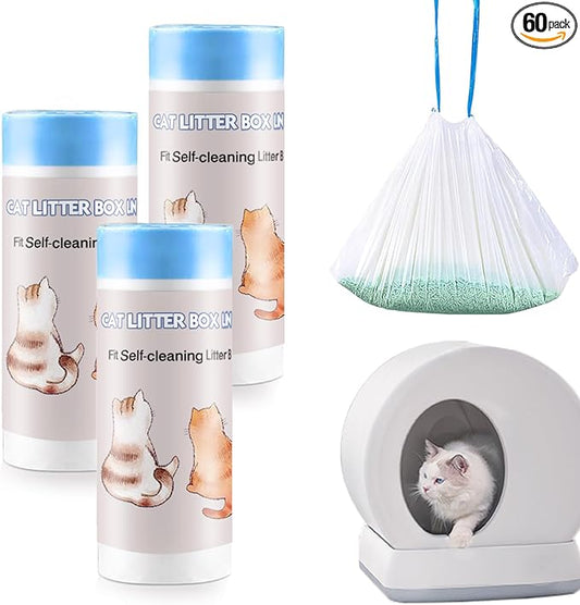 60 Count Self-Cleaning Cat Litter Box Liners Compatible With MW-SC01/MW-SC02/MW-LR01 Automatic Cat Litter Box, Drawstring Heavy Duty Cat Litter Receptacles Bags Replacement Trash Bag -18" x 12.6"