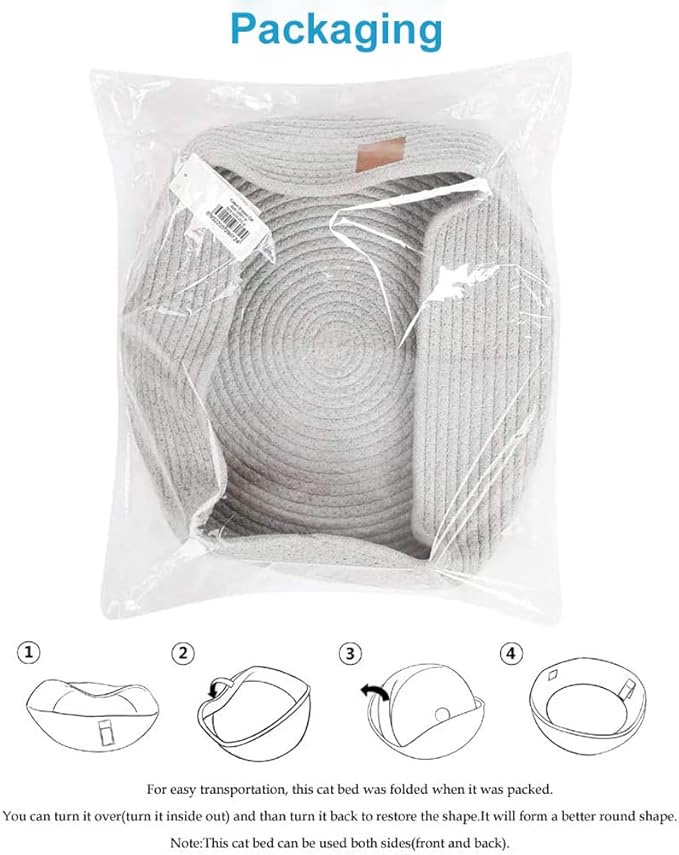 Large Cat Bed Basket Round Cotton Rope Woven - Calming Cat Rope Bed Sleep Surface 17.7 inches(45 cm),Cozy Scratching Indoor Cat bed for a Large Cat or 2 Small Cats,Fit up to 20 lbs Pets,Washable,Grey