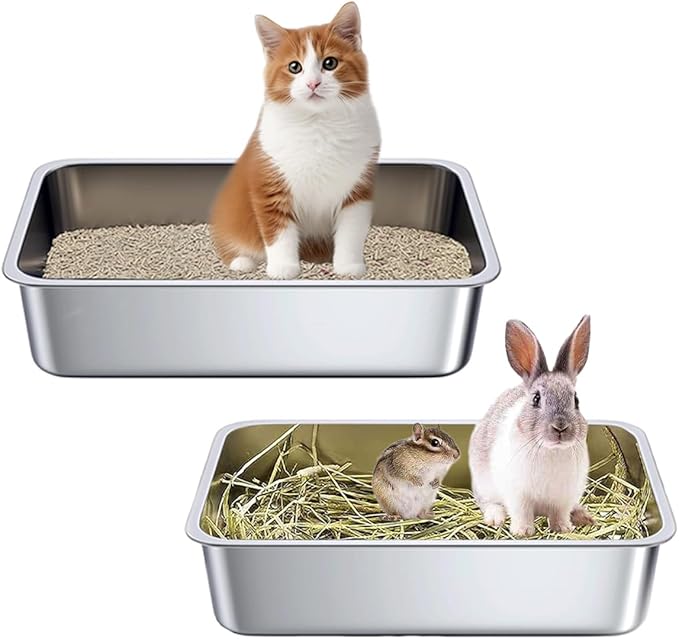 2Pcs Stainless Steel Litter Box For Cats, Metal Cat Litter Box, Stainless Steel Open Cat Litter Pan, Never Absorb Odor Stains,rustproof, Easy Cleaning Litter Pan For Cat, Dog & Rabbit long-lasting Pan