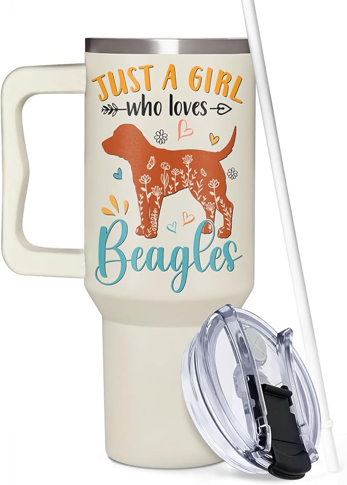 Beagle Gifts for Girls & Women, Christmas and Mother's Day Gifts for Beagle Lovers, Birthday Present Idea for Dog Owners, Dog Mom 40oz Tumbler with Handle & Straw