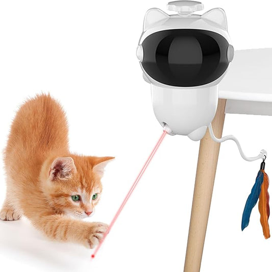 Interactive Cat Toy Feather Teaser Toy with LED Light, Automatic Moving Feather Wand for Cats