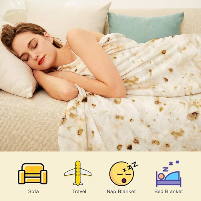 Burrito Tortilla Throw Blanket, 2.0 Double Sided Burritos Taco Tortilla Wrap Blankets for Adults Kids, Giant Funny Realistic Food Blankets, Soft Flannel Round Throw Blanket 80in