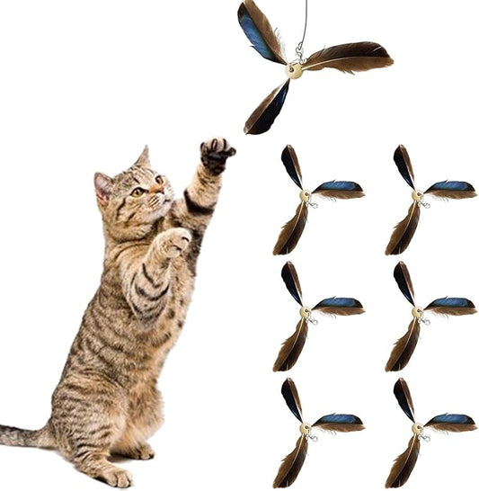 JIANWEI 6PCS Cat Feather Propeller Refills, Cat Fetch Toy Cat Wand Attachment Home Replacement Artificial Feather Cat Playing Tracking Interactive Toys for Kitten Chasing Training(Brown)