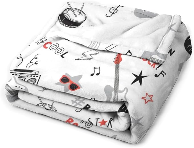 Rock and Roll Band Throw Blanket Music Electric Guitar Piano Drum Print Blankets Gifts Couch Sofa Bed Stuff Decor Soft Cozy Fleece Plush Flannel Bedding for Lover Men Women Musician Adults 50"x60"