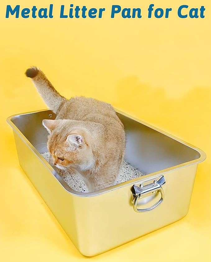 BNOSDM 2 Pack Stainless Steel Litter Box with Handles, (17.7'' x 14'' x 6'') Open Metal Cat Litter Pan with Scoop Rustproof Smooth Cats Toilet Potty Kit for Cat Kitten