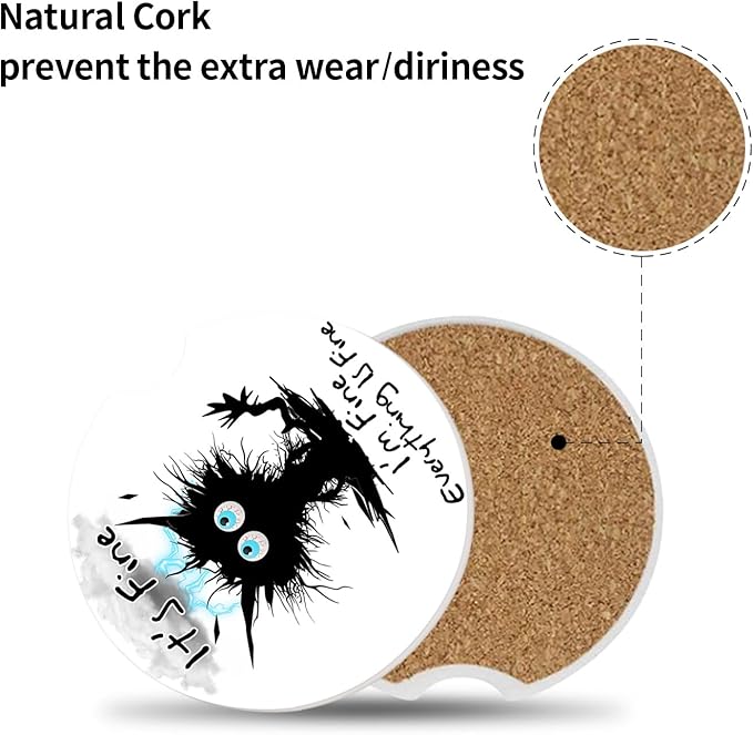 Car Coasters 2 Pack, Small 2.56" Ceramic Stone & Non-Scratch Cork Base Car Cupholder Absorbent Coaster Set for Women/Men Drink Cup Holder Coasters (I'm Fine Cat) BD-10