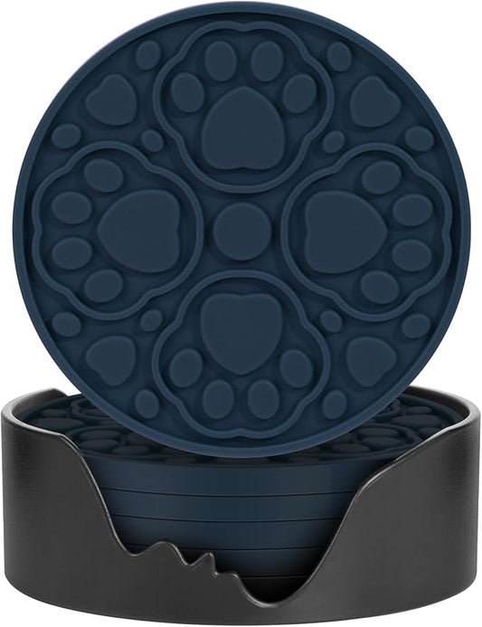 Blue Silicone Coffee Coasters Set of 6 with Holder - 4 Inch Non-Slip Cup Mats, Modern Bar Coasters for Desk, Table, Drink, Beer, Berverage - Dishwasher Safe