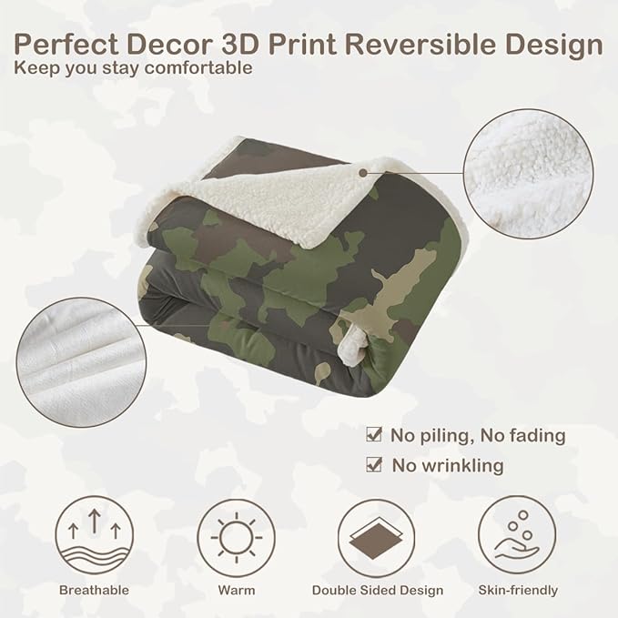 Sleepwish Military Khaki Camo Fleece Throw Blanket for Kids Boys Soft Army Camouflage Sherpa Blanket for Couch Chair, Throw (50" X 60")