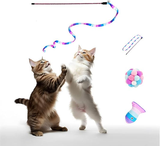 TUSATIY Cat Toys 3 Pack Set, Rainbow Cat Wand Toys, Cat String & Cat Ball with Bell & Catnip Toys, Interactive Kitten Toys for Indoor Cats(Purple Fish)