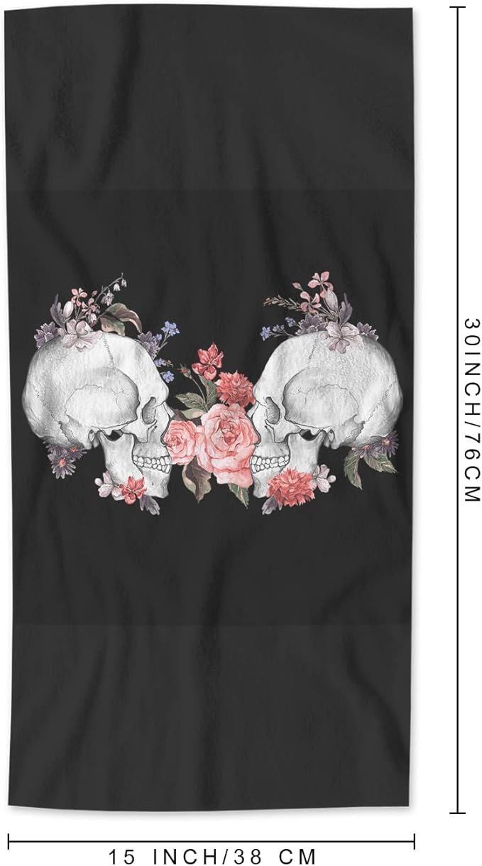AOYEGO Roses Skull Bathroom Towels Pink Flower Skeleton Head Day of The Dead Soft Bath Hand Towels Microfiber Kitchen Hotel Spa Hand Towels 15x30 Inch