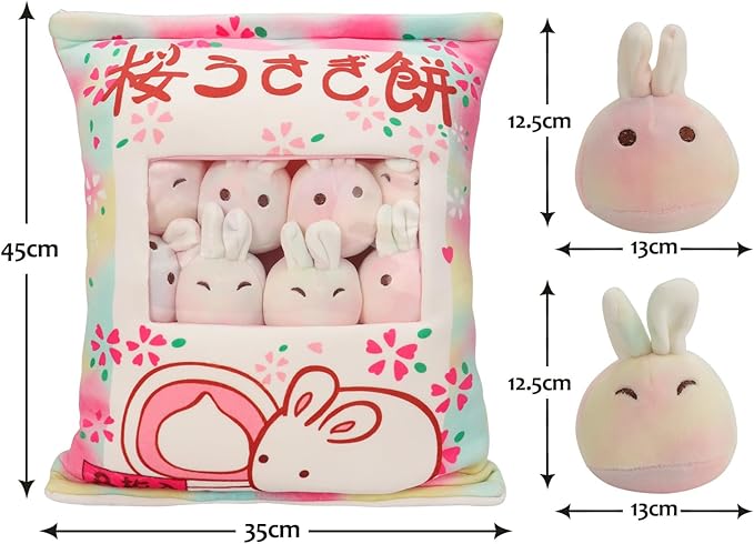 Cute Bunny Plush Pillow with Plushies, Stuffed Bunny Gift for Kids, Kawaii Rabbit Pudding Toy for Christmas (Colorful)