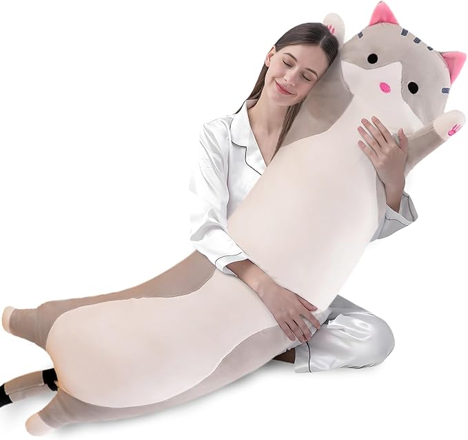 shangman Lovely Plush Cat Doll Cute Cartoon Soft Stuffed Kitten Pillow Long Throw Sleeping Pillow Doll Toy Gift for Kids Girlfriend Multiple Size (Grey,150cm/59in)