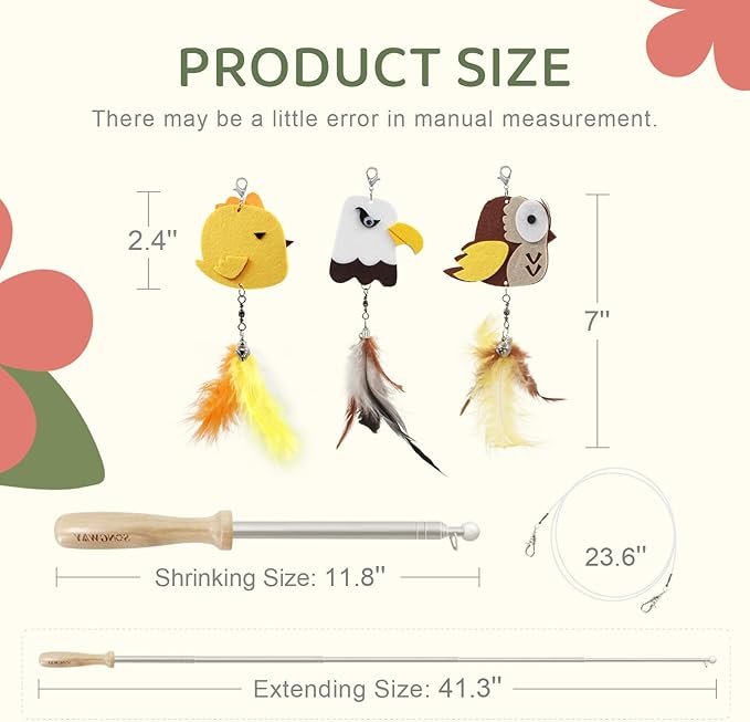 SONGWAY Interactive Cat Toys Wand - Retractable Cat Wand Toy and 6 Pieces Flying Bird Cat Toys Feather Replacement, Felt Cat Feather Toys for Indoor Cats