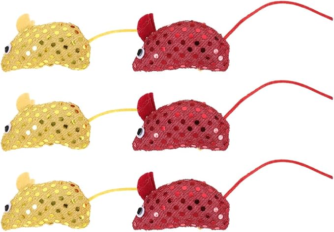 LOGOFUN 6pcs Cat Mouse Toys Plush Mouse Kitten Toys with Sequin Glitter Mouse Shaped Cat Catnip Toys for Indoor Cats Kitten Pet Supplies - Red & Yellow