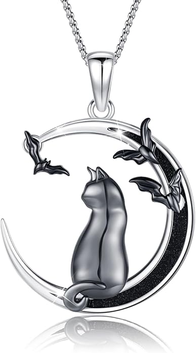AUDINCCED Black Cat Necklace Turtle Necklace Gothic Jewelry Butterfly Necklace Cat Necklace 925 Sterling Silver Crescent Moon Necklace for Women Cat Gifts for Cat Lovers