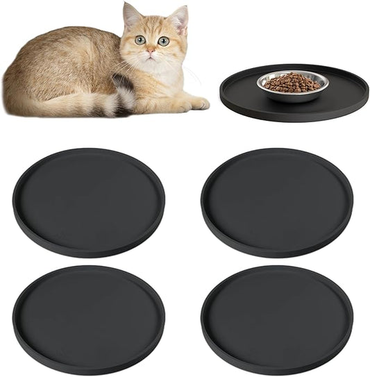 Arespark Pet Silicone Food Mat, Set of 4 Nonslip Waterproof Feeding Bowl Mat with Raised Edges for Food and Water Prevent Spills, Round Eating Tray for Dog Cat Puppy Kitten, 10'' x 10''
